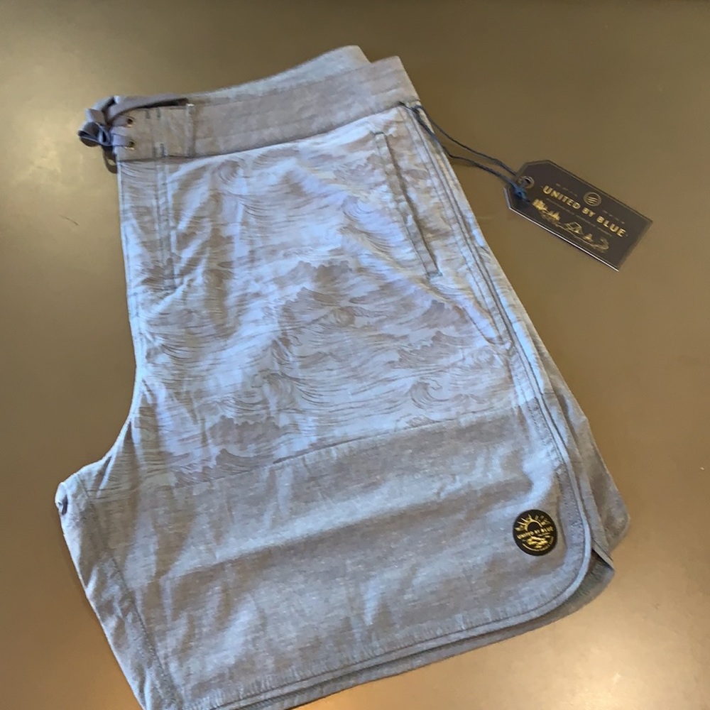 UNITED BY BLUE,  MENS ORGANIC SCALLOPED BOARD SHORT, Midnight- Swell NEW